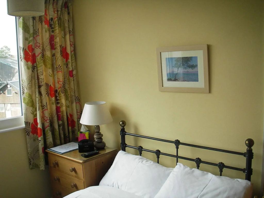 Single guest room with brass bed, yellow walls and floral curtains